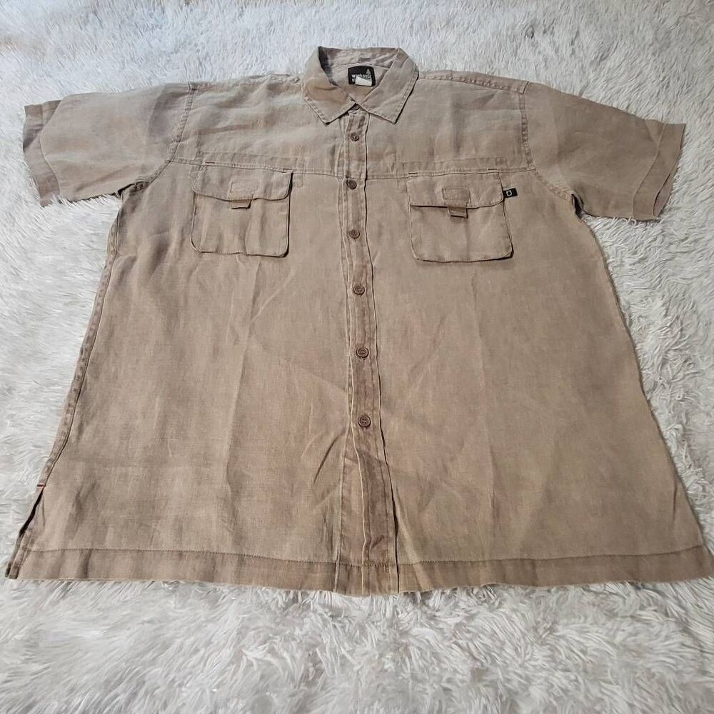Weekendz off short sleeve linen khaki cargo button down  shirt L